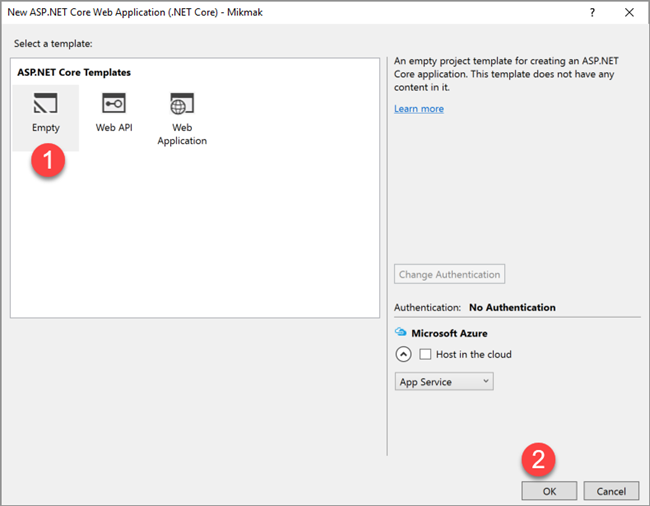 Visual Studio Select a tamplate voor Webwinkel